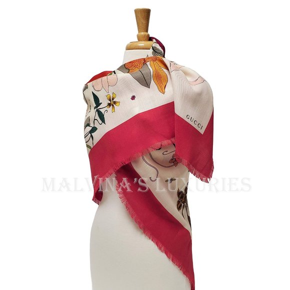 GUCCI SCARF MISS FLORA PRINT SHAWL WOOL SILK PINK BORDER SQUARE sz 55" - Picture 6 of 13